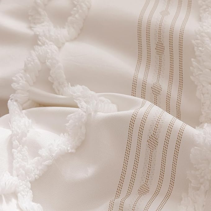 CLOTHKNOW White Farmhouse Twin/Twin XL Comforter Set 3Pcs Chenille Tufted Bedding Comforter Sets Clipped Jacquard Stripes Boho Comforter with Farmhouse Bedding Flare