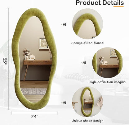 Honyee 55" x 24" Wall Mirror, Flannel Wrapped Wooden Frame Wavy Mirror, Irregular Mirror Hanging for Cloakroom/Bedroom/Living Room, Green