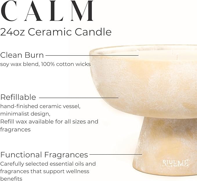 BLUEME Calm - Osmanthus & Sandalwood, Luxury Candle w/Essential Oils, 5 Wick, Hand-Poured Soy, Cotton Wick, Ceramic