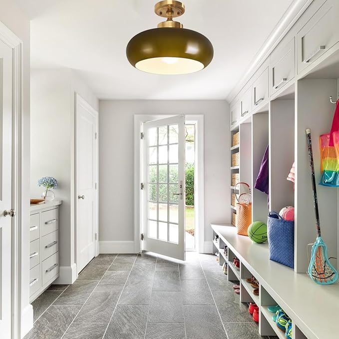 Dark Green Ceiling Light Fixture Glass Flush Mount Ceiling Light Gold Semi Flush Mount Lamp Mid Century Modern for Hallway Entryway Bathroom Closet