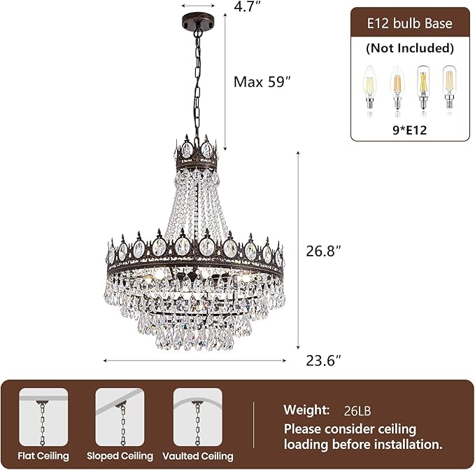 Vintage Crystal Chandeliers for Dining Room Light Fixture, 9-Light Antique Bronze French Empire Chandelier for Foyer Entryway Kitchen Island Bar Living Room, D24 x H27