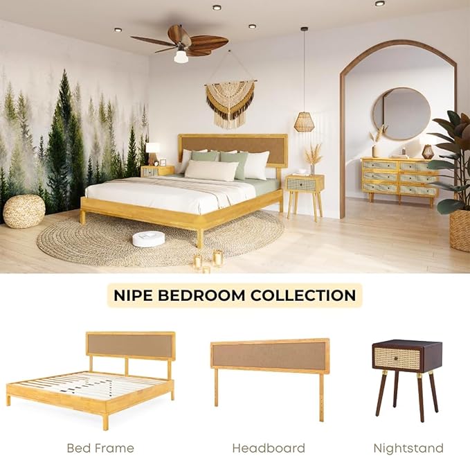 Bme Nipe 14 Inch Bohemian Bed Frame with Adjustable Woven Headboard - Rustic & Vintage Unique Style with Acacia Wood - No Box Spring Needed - Easy Assembly - Full, Natural