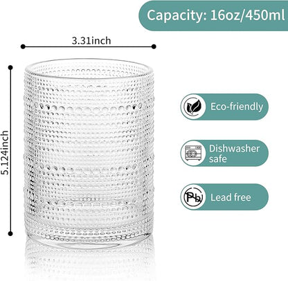 Hobnail Drinking Glasses Set,16 Oz Vintage Embossed Glass Tumbler for Cocktail, Beer, Juice, Water, Whiskey and Kitchen Glassware,6pack