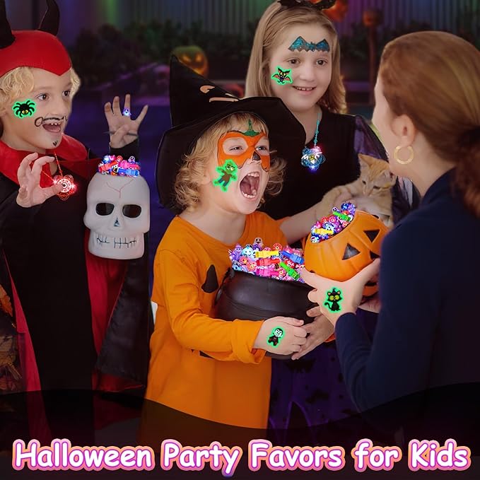 Halloween Party Favors for Kids, 100 Pack Glow in the Dark Toys Rotating Light Up Necklaces LED Flash Rings Halloween Toys Bulk for Halloween Party Classroom Prizes Goodie Bags Trick or Treats Gifts