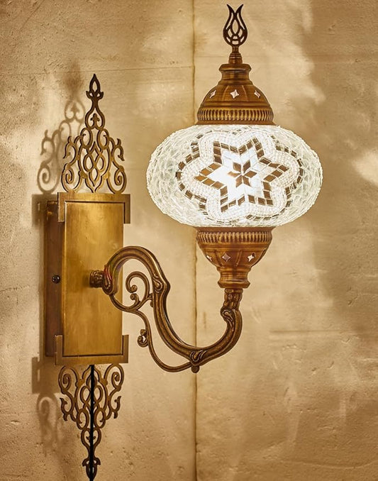 Turkish Moroccan Mosaic Plug-in Wall Sconce Lamp, Handmade Tiffany-Style Glass Globe, Ornate Brass Base, 5.2ft Cord, Decorative Lighting for Living Room, Bedroom, Dining Room,15x5 in, White & Clear