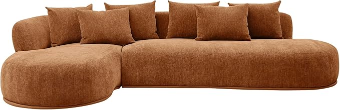 WILLIAMSPACE 134.63" Oversize Curved Sofa Cloud Couch with Round Chaise, Modern Upholstered Curved Sectional Sofa Couch with 6 Pillows for Living Room, No Assembly (Left-Facing,Orange)