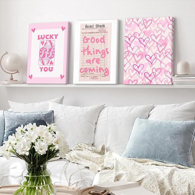 Lucky You Pink Wall Art Guest Check Preppy Wall Decor Trendy Aesthetic Canvas Wall Art Funky Retro Poster Hearts Cute Picture Prints Inspirational Artwork for Room Bedroom 12x16 Inch Framed Set of 3