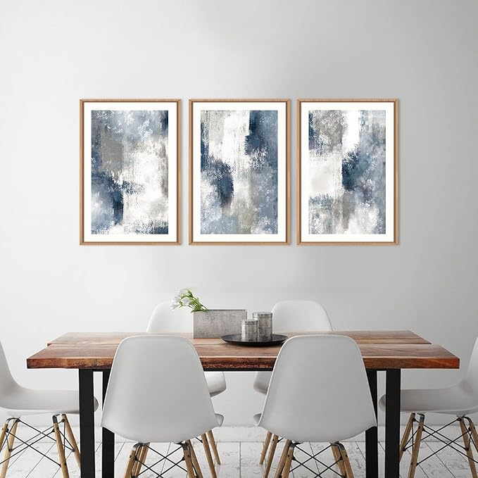 HOURIA Abstract Navy Blue Gray Framed Canvas Wall Art Set,Neutral White Brush Stroke Wall Decor,Minimalist Color Block Shapes Artwork,Modern Pastel Prints for Living Room,Bedroom,Farmhouse- 16"x24"x3