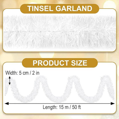 50 Feet Macaron White Christmas Tinsel Garland, Metallic Foil Twist Garland Wall Hanging Tinsel Banner Backdrop for Parade Floats, Easter, Mother's Day, Wedding Party Decorations (2in x 50ft)