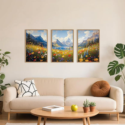HOURIA Colorful Wildflower Mountain Framed Canvas Wall Art Set,Blue Sky Lake Green Tree Grass Wall Decor,Nature Flower Artwork,Field Scenery Art Prints for Living Room,Bedroom,Farmhouse-24 x36 x3