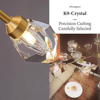 Mid Century Modern Chandelier Sputnik Crystal Chandeliers Ceiling Light Fixtures 12-Light Brass Gold Pendant Lighting for Dining Room, Kitchen Island, Living Room, AP-RYX-12LGBL