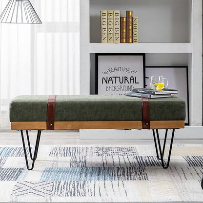 DUOMAY Industrial Modern PU Rectangle Ottoman Bench with PU Strap and Metal Legs, Mid Century Dining Table Bench Footstool Entryway Shoe Bench for Bedroom Dining Room Living Room, Green