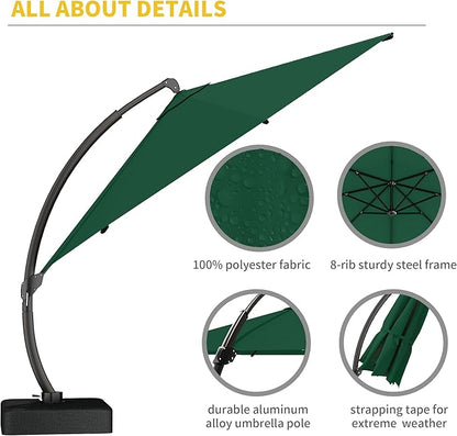 Kingdura 11ft Offset Cantilever Patio Umbrella with Base Included, Large Round Aluminum Outdoor Umbrella, 360° Rotation & Infinite Tilt, Heavy Duty Frame for Deck Pool Backyard, Dark Green