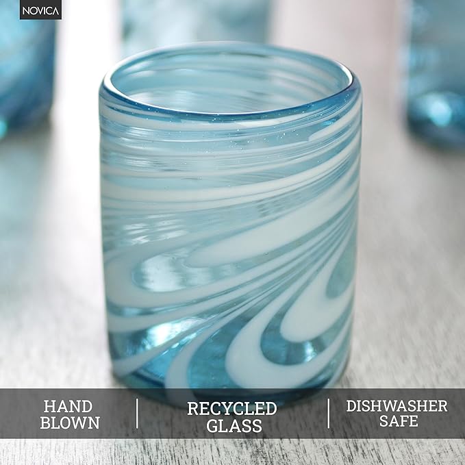 NOVICA Light Blue And White Swirl Hand Blown Glass Rock Glasses, 11 Oz, 'Whirling Aquamarine' (Set Of 6)
