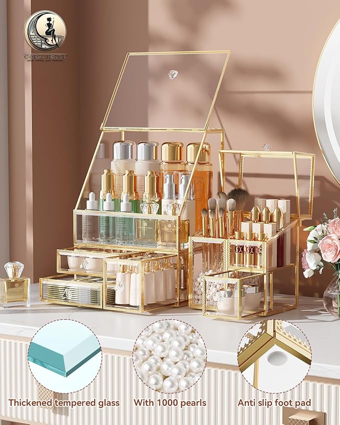 Clear Makeup Organizer with Gold Frame – Countertop Vanity Organizer for Skincare, Lipsticks, Perfume & Brushes – Bathroom Cosmetic Storage Display Box