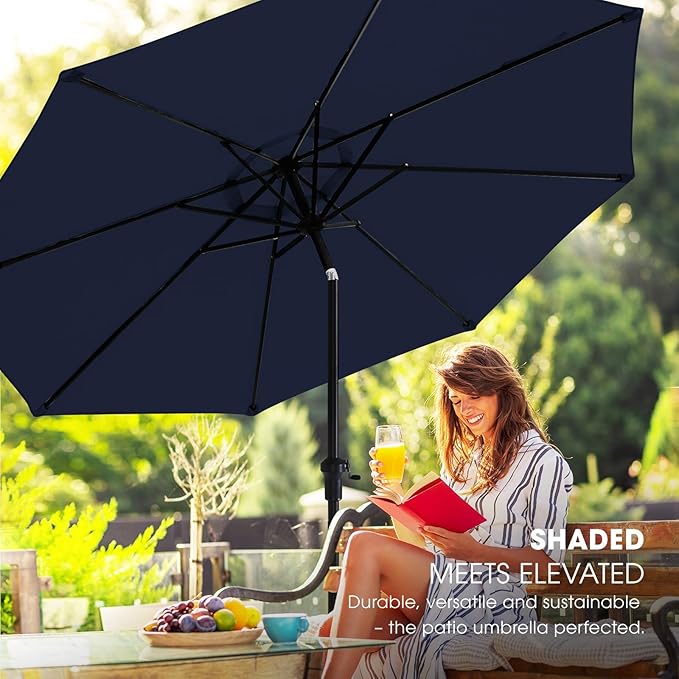 wikiwiki 9FT Patio Umbrellas Outdoor Table Market Umbrella with Push Button Tilt/Crank, 8 Sturdy Ribs, Fade Resistant Waterproof POLYESTER DTY Canopy for Garden, Lawn, Deck,Backyard&Pool,Midnight Blue