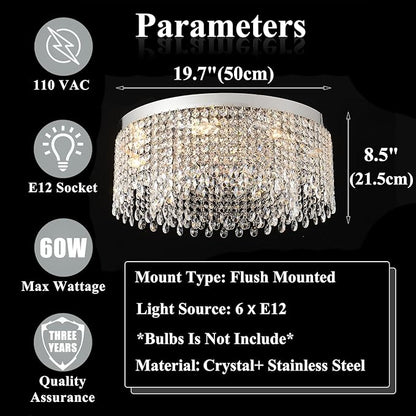 Modern Crystal Chandelier 20 inch Round Raindrop Crystal Chandeliers Flush Mount Chandelier Chrome Silver Ceiling Light Fixture for Living Room Dining Room Bedroom