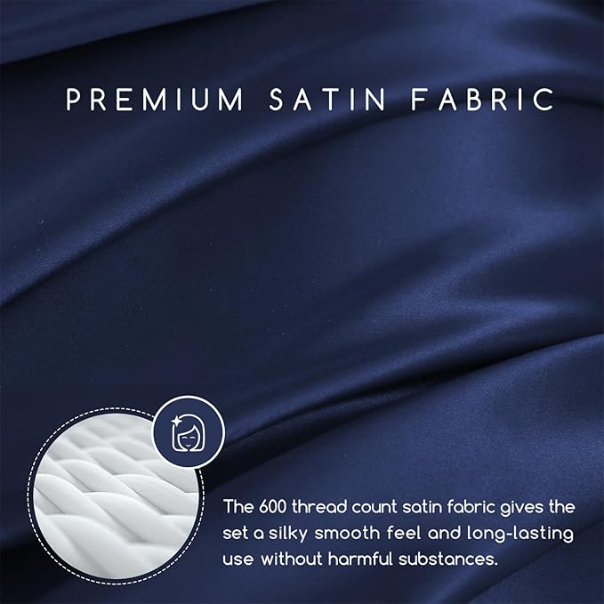 MR&HM Satin Bed Sheets, Twin XL Size Sheets Set, 3 Pcs Silky Bedding Set with 15 Inches Deep Pocket for Mattress (Twin XL, Navy Blue)