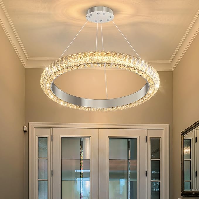 24" Ring Modern LED Dimmable Crystal Chandelier Adjustable Height Pendant Light Round Crystal Chandelier Light Fixtures for Dining Room Living Room Kitchen Island Silver