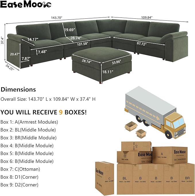 EASE MOOSE Oversized Sectional Modular Sofa,Large U Shape Sectional Couch Wide Deep Seat Modular Cloud Couch,Removable Cover
