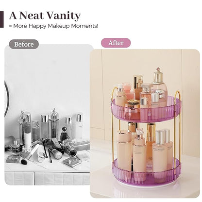 Aveniee Rotating Makeup Organizer for Vanity, Perfume Skincare Organizers Spinning, 2 Tier Bathroom Countertop Storage, Cosmetics Lipstick Holder for Counter Dresser,Purple