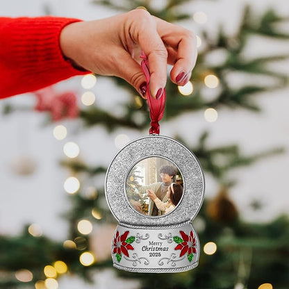 2025 Christmas Ornaments 2 inch Picture Frame Metal Hanging Pendant for Tree Small Decorative Keepsake, Display Photo for Baby and Pet (Crystal Ball Silver(2025))