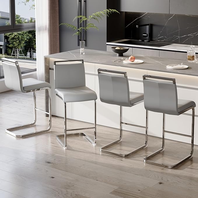 Bar Stools Set of 4,25" Counter Height Bar Stools with Footrest,Light Grey Faux Leather Kitchen Stool with Chrome Plated Metal Leg,Counter Height Stool Ideal for Island Pub Kitchen Counter Dining Chair