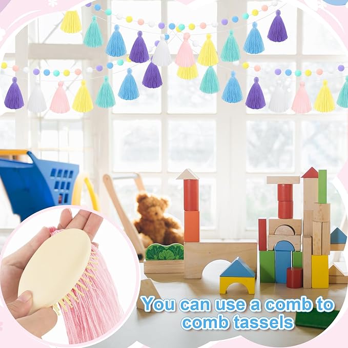 Syhood 4 Pcs Christmas Pom Pom Tassel Garland Felt Pompom Ball Banner Christmas Tassel Garland for Xmas Tree Hanging Decorations Party Supplies Home Decor(Pastel Colors)