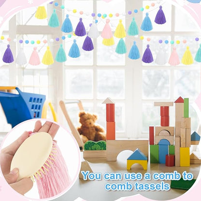 Syhood 4 Pcs Christmas Pom Pom Tassel Garland Felt Pompom Ball Banner Christmas Tassel Garland for Xmas Tree Hanging Decorations Party Supplies Home Decor(Pastel Colors)