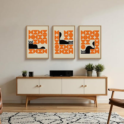 HOURIA Geometric Black Cat Framed Canvas Wall Art Set,Abstract Orange & Cream Wall Decor,Round Eyes Playful Kitten Wall Painting,Modern Animal Prints for Nursery,Living Room,Office - 24"x36"x3