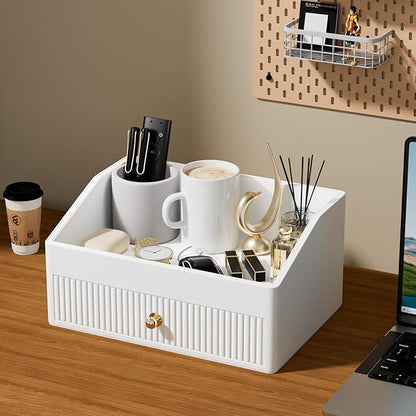Desk Accessories,Beige White Vegan Leather Office Organizer with 1 Drawer & Tray,Pen Holder with Gold-Tone Metal Accents Knob,Bedroom.