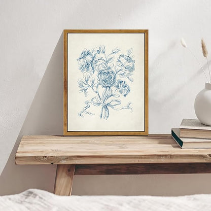 KBKBART Framed Floral Wall Art, Vintage Blue Rose Bouquet Sketch Canvas Oil Painting, Antique Victorian Wall Decor, Minimalist Bedroom Wall Art Aesthetic, Neutral Flower Art Prints for Bedroom Living Room, Gallery, Gifts for Friends or Family(9"x12")