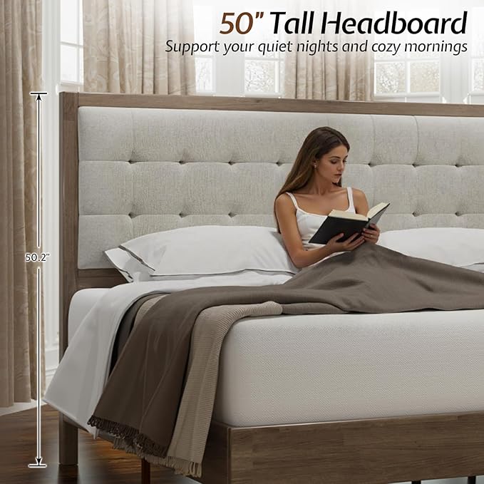 Jocisland Wood Full Size Bed Frame,Tall Upholstered Tufted Headboard, Solid Wood Platform, No Box Spring Needed, Ash Gray