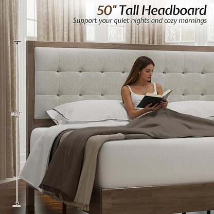 Jocisland Wood Full Size Bed Frame,Tall Upholstered Tufted Headboard, Solid Wood Platform, No Box Spring Needed, Ash Gray