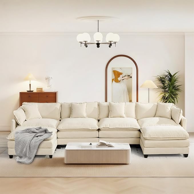 SoarFlash 143.2" Chenille Sectional Sofa, Comfy U Shaped Modular Coush Sofa with Ottoman, Modern 4 Seat Couch Deep Seat Sofa Set for Living Room,Beige