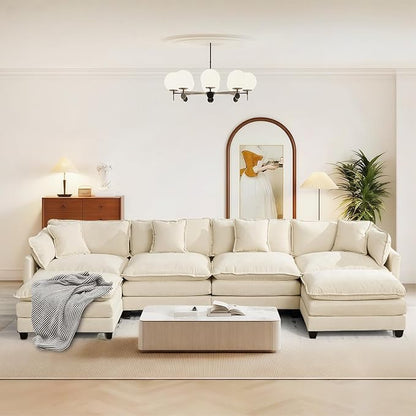 SoarFlash 143.2" Chenille Sectional Sofa, Comfy U Shaped Modular Coush Sofa with Ottoman, Modern 4 Seat Couch Deep Seat Sofa Set for Living Room,Beige