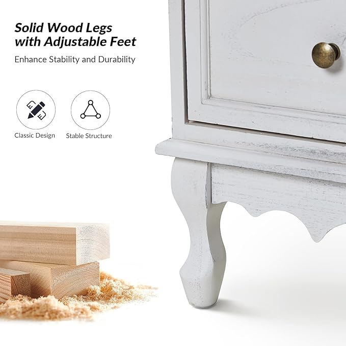 HULALA HOME 3 Drawer Nightstand with Charging Station Drawer Organizer with Wood Legs Farmhouse Solid Wood Set of 2, White