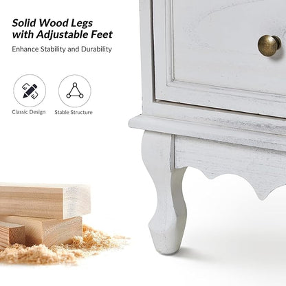 HULALA HOME 3 Drawer Nightstand with Charging Station Drawer Organizer with Wood Legs Farmhouse Solid Wood Set of 2, White