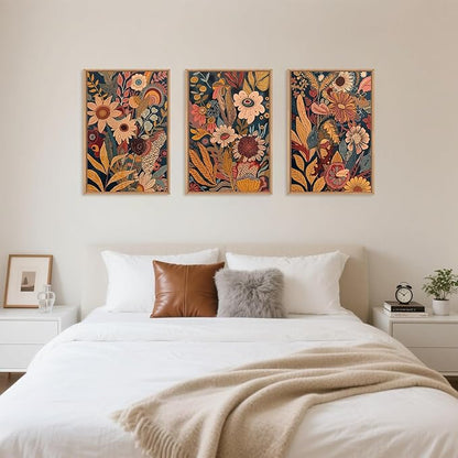 HOURIA Large Orange Flower Framed Canvas Wall Art Set,Boho Mid Century Modern Floral Botanical Wall Decor,Retro Vintage Blossom Artwork,Neutral Plant Art Print for Living Room,Bedroom,Office-24"x36"x3