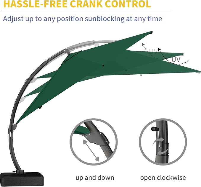 Kingdura 11ft Offset Cantilever Patio Umbrella with Base Included, Large Round Aluminum Outdoor Umbrella, 360° Rotation & Infinite Tilt, Heavy Duty Frame for Deck Pool Backyard, Dark Green