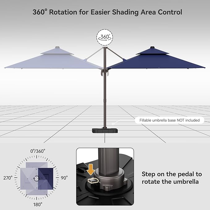 9x12FT Cantilever Patio Umbrella - Heavy Duty Double Layer Offset Design with 360° Rotation, Large Rectangle Sun Shade Umbrella for Garden, Deck, Pool, Backyard, Navy