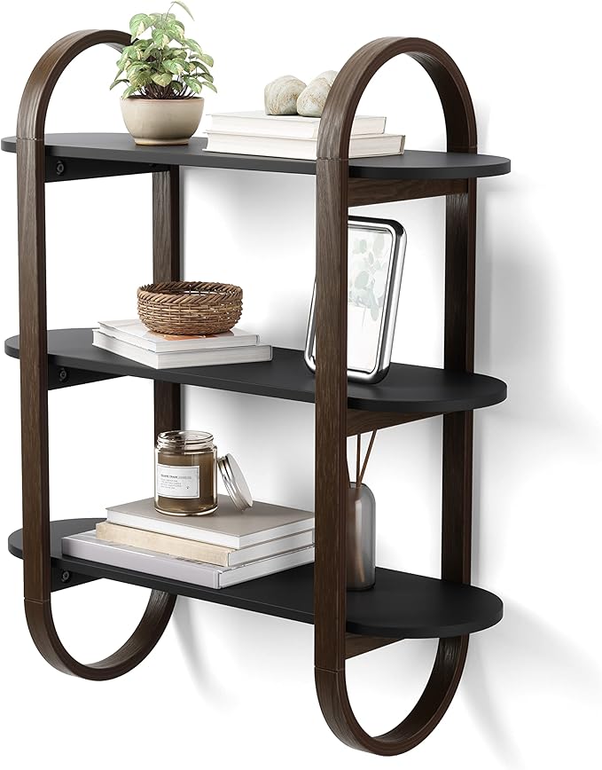 Umbra Bellwood Wall-Mount Book Shelf Display Case with Three Shelves, Black/Walnut