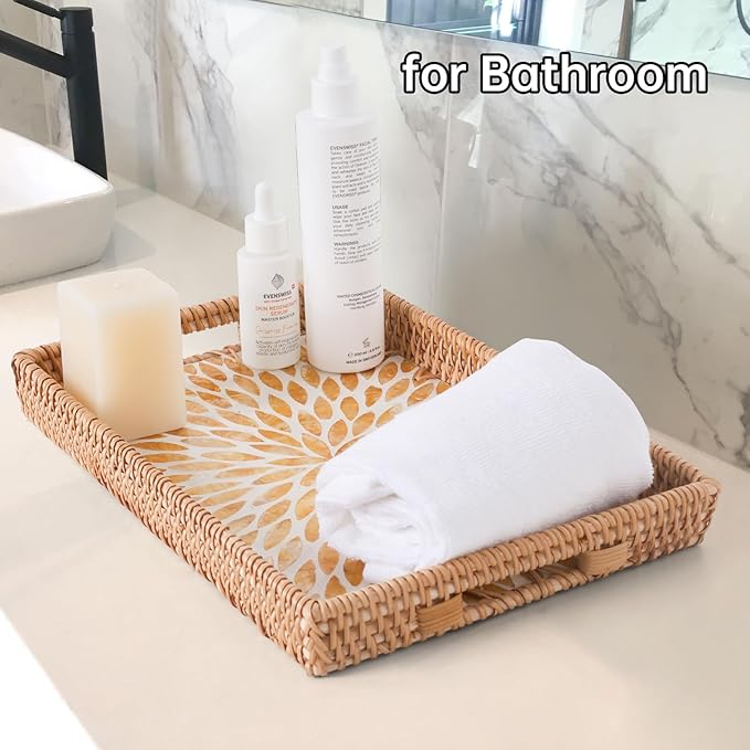 Rectangle Rattan Tray with Mother of Pearl Inlay, Rattan Serving Tray with Handle for Coffee, Bread, Fruits, Snacks, Decorative Wicker Tray for Table Decor (Rectangle Amber Leaf, 13"×9")