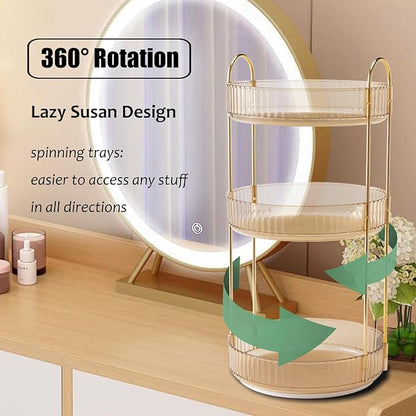 Rotating Makeup Organizer Countertop 3 Tier Lazy Susan Clear Skincare Perfume Storage for Bathroom Counter Vanity, Amber Gold