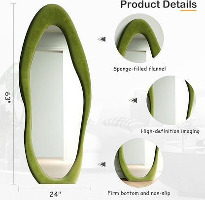 Honyee Full Length Mirror, 63" x 24" Wall Mirror, Flannel Wrapped Wooden Frame Floor Mirror, Irregular Wavy Mirror Hanging or Leaning Against Wall for Cloakroom/Bedroom/Living Room, Green
