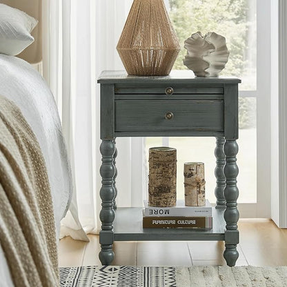 HULALA HOME Spindle Nightstands with Charging Station, Solid Wood Nightstand with Drawer Shelf, Side Table with Pull-Out Shelf (Blue)