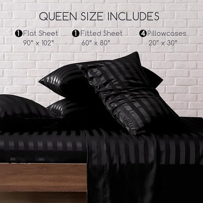 MR&HM Satin Bed Sheets, Queen Size Sheets Set, 6 Pcs Silky Bedding Set with 15 Inches Deep Pocket for Mattress (Queen, Black Striped)
