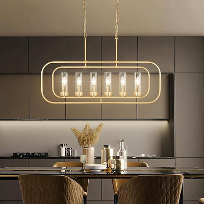 Dining Room Light Fixture, 36" Gold Island Lights for Kitchen Modern Linear Chandelier 6 Lights Farmhouse Chandelier Large Pendant Light, Industrial Chandeliers for Dining Room, Clear Glass
