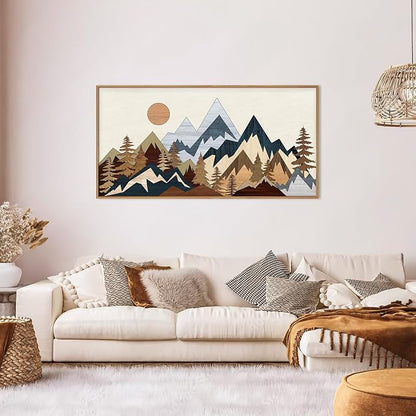 HOURIA Mid Century Mountain Woodland Framed Wall Art Set,Boho Sunrise Pine Tree Wall Decor,Wilderness Nature Forest Artwork,Modern Woodcut Field Art Print for Living Room,Bedroom,Office- 20"x40"x1
