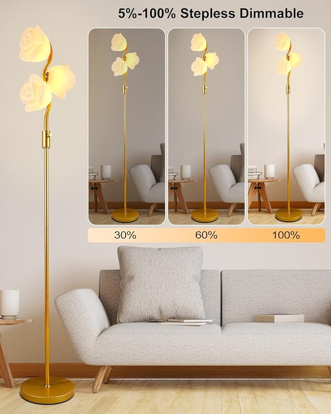 Dimmable Gold Floor Lamp with 3 Flower Lampshades, Modern Floral Standing Lamps with Warm White 3000K Bulbs, Mid Century Floor Lamp for Living Room Bedroom Home Decor
